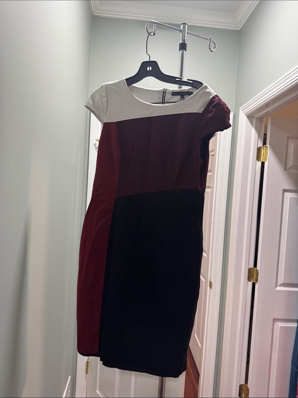 White House Black Market Burgundy, Black & Cream Colorblock Sheath Dress